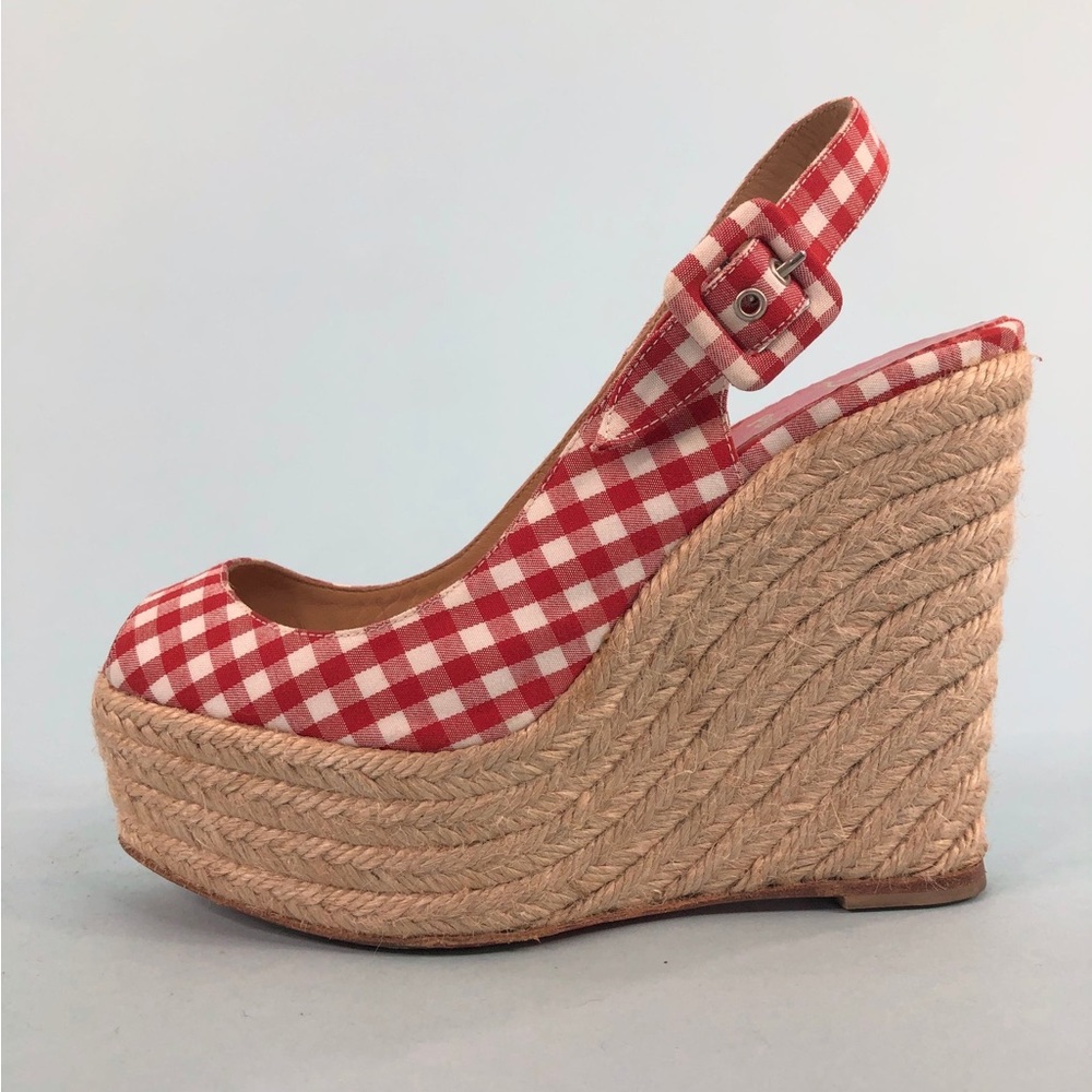 Christian Louboutin. Red checkered platform espadrille wedges.